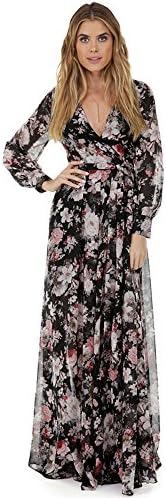 WINWINTOM Long Dresses, Women V Neck Long Sleeve Chiffon Floral Long Maxi Evening Party Dress (Black 2#, S)