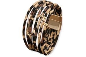 Textiles 4 Home Women's Faux Leather Leopard Print Fashion Cuff Bracelet Boho Bangle Magnetic Clasp.