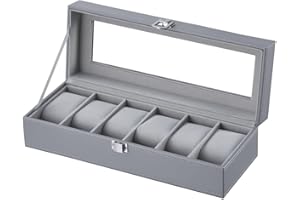 LINGFANSTORE Boîte à Montres avec 6 emplacements, Ecrin pour Montres pour 6 Montres, Présentoirmontres avec Couvercle en Verre, Doublure en Velours, 30 x 11,5 x 8 cm (Grau-W04G)