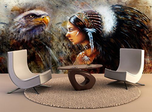 Wall Print Poster Beautiful Mystic Painting Young Indian Woman Eagle Feather Headdress Profile Portrait Abstract Background Wall Art Decor Photo Wallpaper Poster High Quality Print