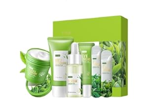 FROVI Coffret de soins au thé vert, coffret de soins 6-en-1, avec extraits naturels, nettoyant, sérum pour le visage, crème pour le visage, crème pour les yeux, masque pour le visage et masque de boue