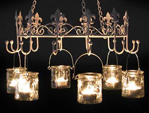 Windlicht, Gartenlaterne, Hängeleuchter, Kerzenhalter, Nostalgie-Kerzenleuchter „Lilie“, Metall Weiss gewischt im Shabby-Used-Look, Ø 36 cm und 6 Teelichthaltern. - 7