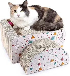 Bingo Pet Cat Scratcher Cardboard, Removable Cat Scratching Pads with Catnip and Two Ball Toys, Recycle Corrugated 2-in-1 Cat Scratch Lounge Refills Sofa Bed for Large Cat and Little Kitty