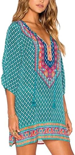 Sunday Women Dress Work 3/4 Sleeves Geometric Pattern Vintage Print Loose Summer Dress Beach Holiday V Neck (XL, Green)