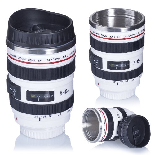 VENKON – Trinkbecher in Kameraobjektiv Design – Drink & Go Deckel – ca. 350ml, weiß - 2