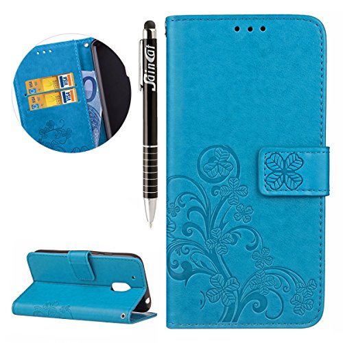 Hülle Handyhülle Case MOTO G4 play,SainCat MOTO G4 play Power Schutzhülle Ledertasche Brieftasche im BookStyle Mit Klee Entwurf,MOTO G4 play Power PU Leder Wallet Case Folio Schutzhülle Hülle Lederhülle Bumper Handytasche Skin Schale Soft Backcover Handy Tasche Flip Cover Buchstil Klapptasche in Lederoptik mit Standfunktion Karteneinschub und Magnetverschluß Etui Flip Case für MOTO G4 play -Klee Blau