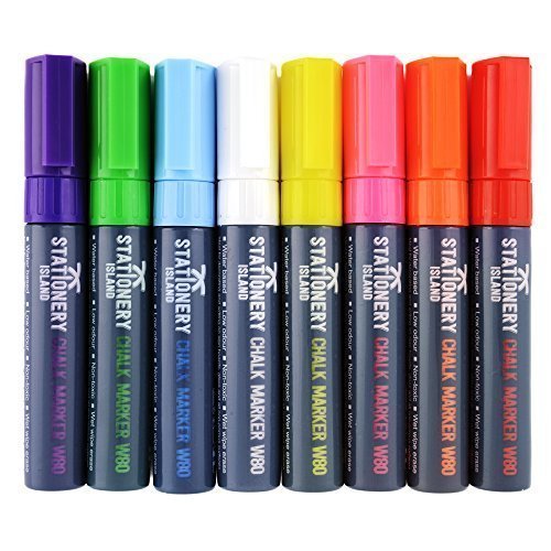 Stationery Island Kreidemarker Keilspitze 8 mm - 8 Stück farbig sortiert - Grauer Stiftschaft - Feucht Abwischbar