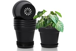 ‎T4U T4U 16cm Kunststoff Blumentopf mit Untersetzer, 6er-Set Plastik Übertopf Kräutertopf mit Mehrere Ablauflöchern, Rund Pflanzkübel für Innen und Balkon Sukkulenten Kaktus, Schwarz