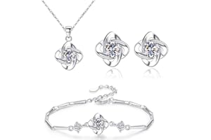 FFWTPY 3 Piezas Conjunto Joyería Nudo Celta Cristal Azul Collar Pulsera Pendientes Plata Brillante Elegante Mujer Adorno