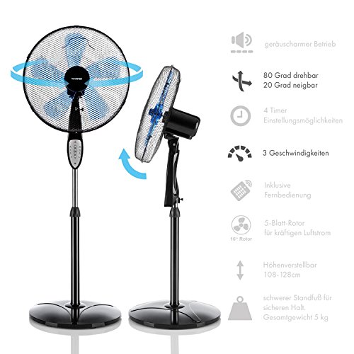 Klarstein Summerjam • Ventilator • Standventilator • mit Fernbedienung • leise • 5-Blatt-Rotor • 16″ (41cm) Durchmesser • Zuschaltbare 80°-Oszillation • energiesparend • 50 Watt • 3 Geschwindigkeiten • 4 Timer-Einstellungsmöglichkeiten • stabiler Fuß • schwarz - 4