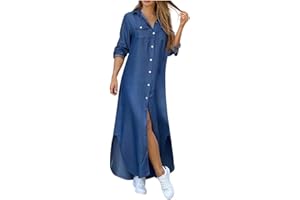 VEMOW Vestido Largos de Manga Larga con Botones Mujer Bohemio Verano Nacional Fiesta Casual Cuello en V Costura Wrap Maxi Vestidos Chic de Noche Playa Vacaciones Cóctel Falda Larga Talla Grande