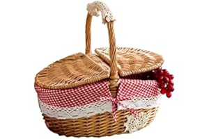 Olivine Wicker Basket Wicker Camping Picnic Basket Shopping Storage Hamper and Handle Wooden Wicker Picnic Basket