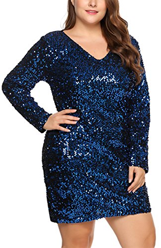 Busyall Damen langärmelig Abendkleid mit Pailletten V-Ausschnitt Partykleider Paillettenkleid Cocktailkleid, Dunkelblau, Gr. 42(16W) - 2