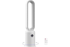 REBONGKI Turmventilator, Rotorlos Ventilator mit Luftreiniger, Turmventilator sehr Leise, 24 Stufen Tower-Ventilator, Oszillierend LED-Anzeige, 12H Timer, Turmventilator mit Fernbedienung für Zuhause (Weiß)