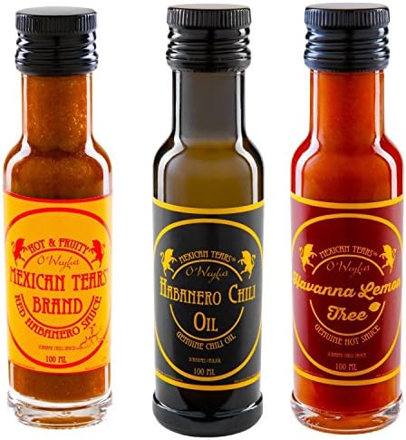 Mexican Tears® - 3 Pack, Hot Chili Sauce &amp; Chili Oil Gift Set made with Habanero, Fleur de Sel (premium sea salt), sunflower oil [3x100ml Chilli Sauce]