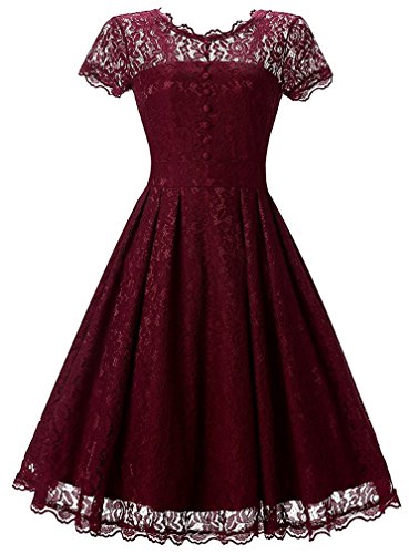 OLIPHEE Femme Robe Patineuse Dentelle Vintage 1950s Florale Robe de Soirée Lace avec Manches Courtes
