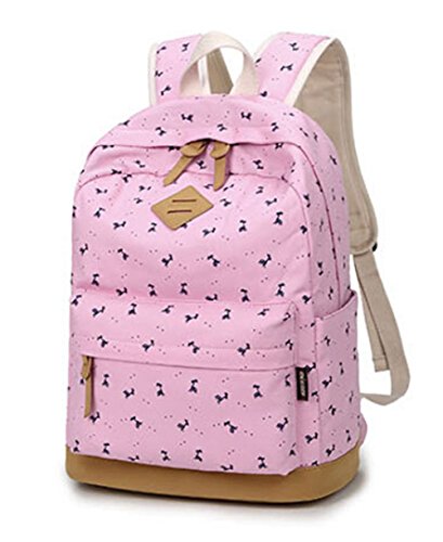 Lovely Deer Pattern Canvas Rucksack Womens Girls School Bag 15.6 inch Laptop Backpack (Pink)