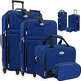 Das KESSER 4er Reisekoffer Set besteht aus zwei Reisekoffern mit praktischer Trolley Funktion, einer Schultertasche mit Tragegriffen und verstellbarem Schultergurt und einer Kosmetiktasche.