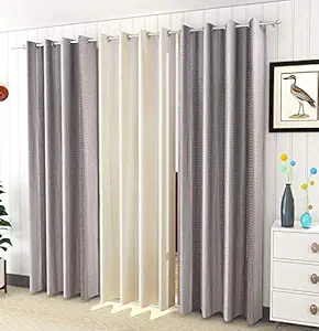 GS Traders Polyester Geometric Door Curtain, 4 x 9 Feet, Grey and Cream, Pack of 3