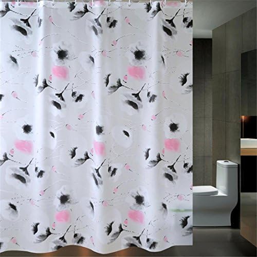 PEVA Plastic White Shower Curtain Ink Watercolor Trumpet Flower pattern Opaque Waterproof Fabric For Hotal Home Bathroom Washroom Decoration With Enough Rings Hooks , 200 x 200 cm