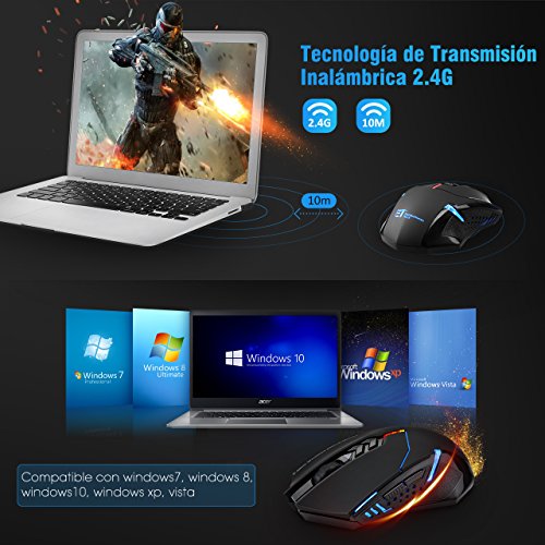 TOPELEK Rat  n Gaming Inal  mbrico Clic Silencioso 7 Botones USB port  til PC 2 4G   ptico inal  mbrico 2400 DPI 5 Niveles de ajuste con receptor nano para Windows Mac MacBook Linux-Ultra Ahorro de Energ  a