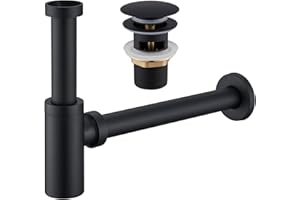 Ulytid Sifone Lavabo Bagno con Piletta di Scarico, Universale Sifone Antiodore Regolabile in Altezza con Apertura di Pulizia, Piletta Lavabo Bagno per Lavabo con Troppopieno, Nero opaco