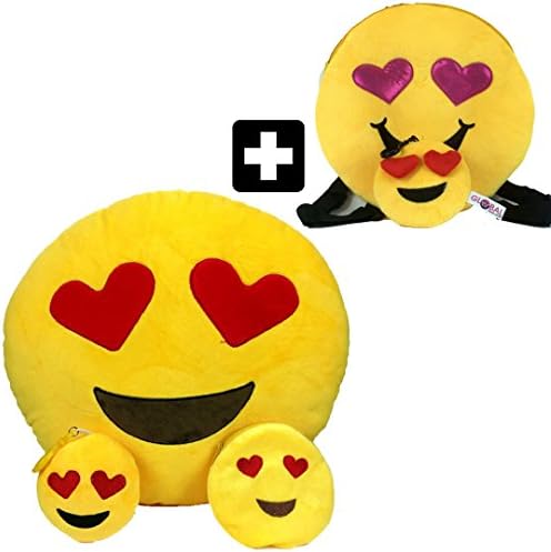 Emoji Pillow Heart FREE Keyring Chain &amp; Soft Money Purse Wallet Set With FREE backpack and 3D keyring Emoticon Bundle Novelty Everything For Kids (Heart Cushion Set + Free Backpack Set)