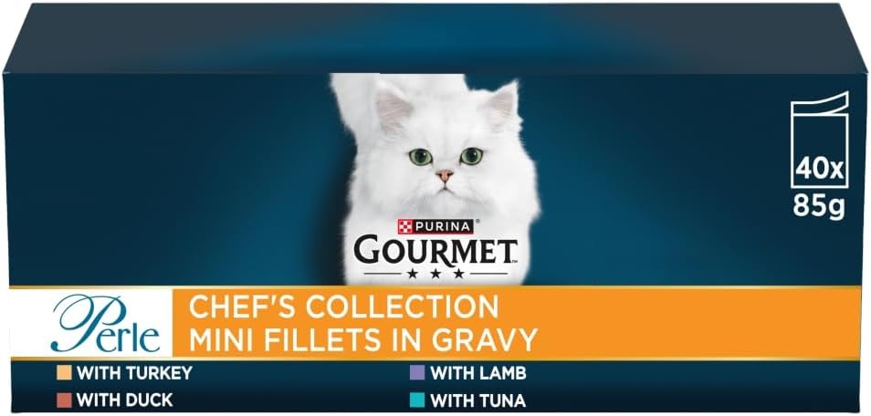 GOURMET Perle Chef's Collection Adult Wet Cat Food Mini Fillets in Gravy Variety Turkey, Tuna, Duck, Lamb 40 x 85g Pouches