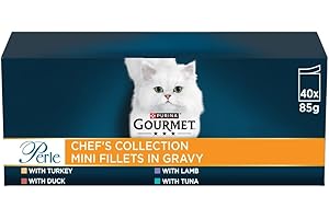GOURMET Perle Chef's Collection Adult Wet Cat Food Mini Fillets in Gravy Variety Turkey, Tuna, Duck, Lamb 40 x 85g Pouches