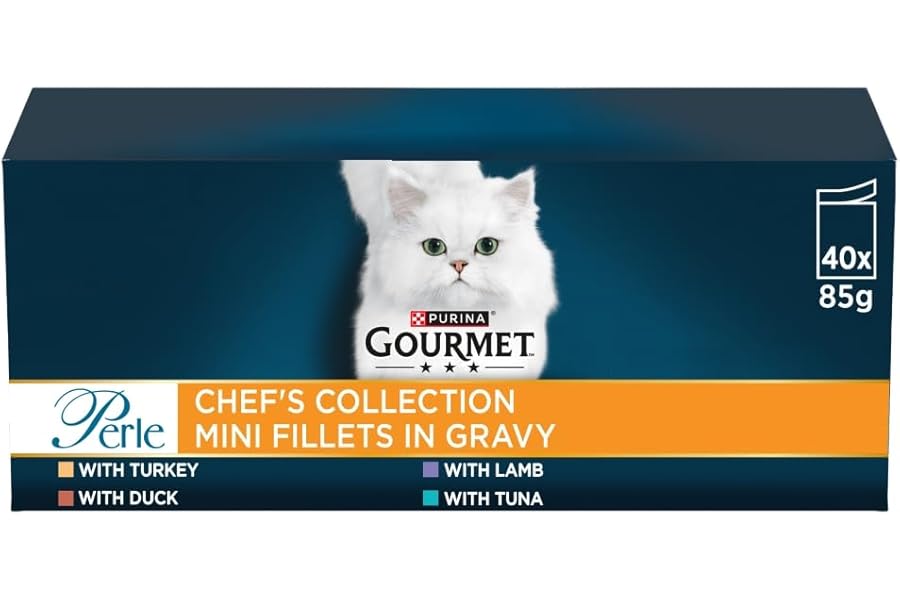 GOURMET Perle Chef's Collection Adult Wet Cat Food Mini Fillets in Gravy Variety Turkey, Tuna, Duck, Lamb 40 x 85g Pouches