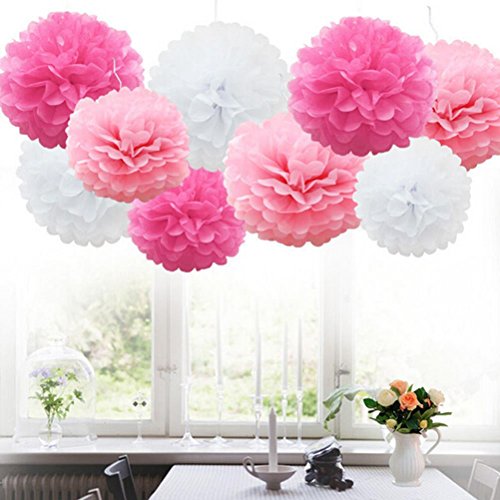 sevenmye 6 Teile Seidenpapier Pom Laterne Flower Ball Hochzeit Geburtstag Party Outdoor Dekorationen (10 cm/15 cm/20 cm, pink/rose/weiß) 6 colors - 6