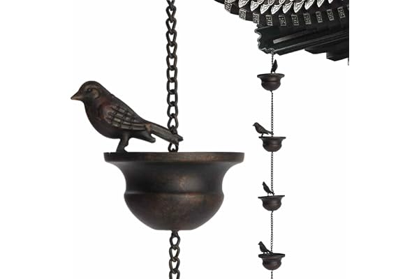 Pluie pour Gouttières - Pluie Décorative, Chaîne d'eau Pluie, 2,4 M Pluie en Métal Suspendue avec Cintre Attaché Et 8 Oiseaux pour Porche, Cour, Jardin