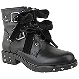 Gunmetal-Nieten und Schnallen Damen Biker-Stiefel mit Nieten, Riemen, Schnallen und Schnürung - Schwarz Kunstleder/Samt - EUR 41