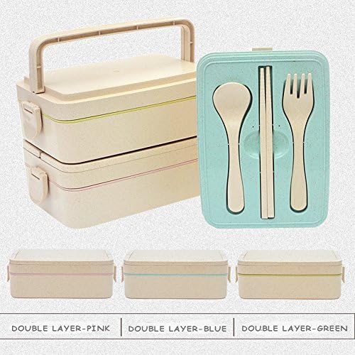 Ponny Wheat Straw Meal Lunch Divided Bento Box Salad Fruit Container Sandwich Organization for Kids School with Cutlery 2 Tiers/3 Tiers (Green, 2 Tiers)