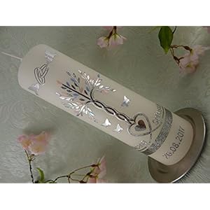 Hochzeitskerze Traukerze Lebensbaum Herz Schmetterlinge Tauben Ringe silber Geschenk Kerze zur Hochzeit 250/70 mm inkl. Beschriftung