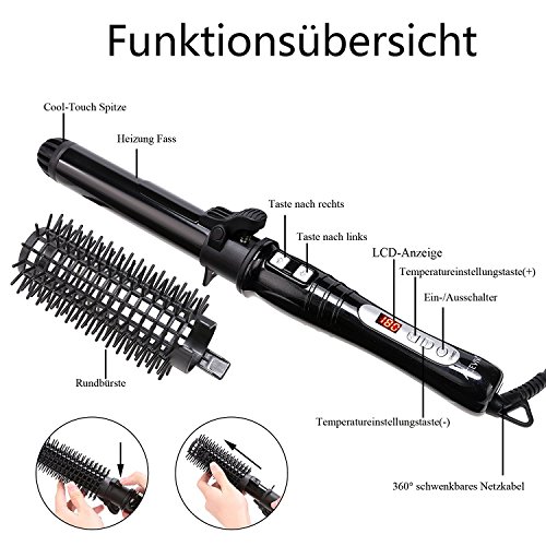 ACEVIVI 2-1 Lockenstab Warmluftbürste Haarglätter Automatisch Anoin mit Keramikbeschichtung EU Stecker LCD Schwarz, 32mm - 6