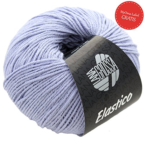 Wolle zum Häkeln in hellem Jeans Fb 109 (blau) * Lana Grossa Wolle Elastico * GRATIS MyOma Label - Wolle Stretch – Sommerwolle / Sommergarn 96% Baumwolle, 4% Polyester - 50g/160m
