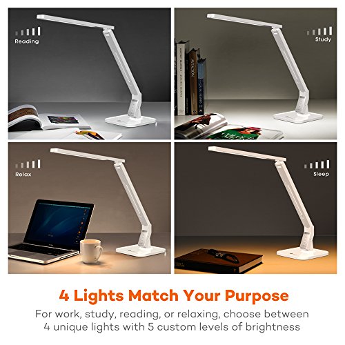 TaoTronics 14W Schreibtischlampe LED Tischlampe 4 Modi dimmbar mit eingebautem USB-Anschluss zum Aufladen von Smartphones weiß - 2
