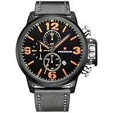 Männer Analog Quarz Uhren Lederband Multifunktions Wasserdichte Sport Armbanduhr mit Chronograph Datumsanzeige (Schwarz Orange)
