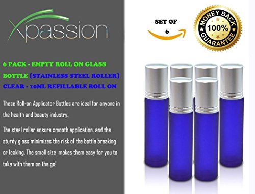 Glass Roller Flaschen für Öle Aromatherapie XPASSION 10ml (1/3 Unze) Aromatherapie Rolle auf Flaschen mit Perfect Edelstahl Roller Ball 6 Stück - 6