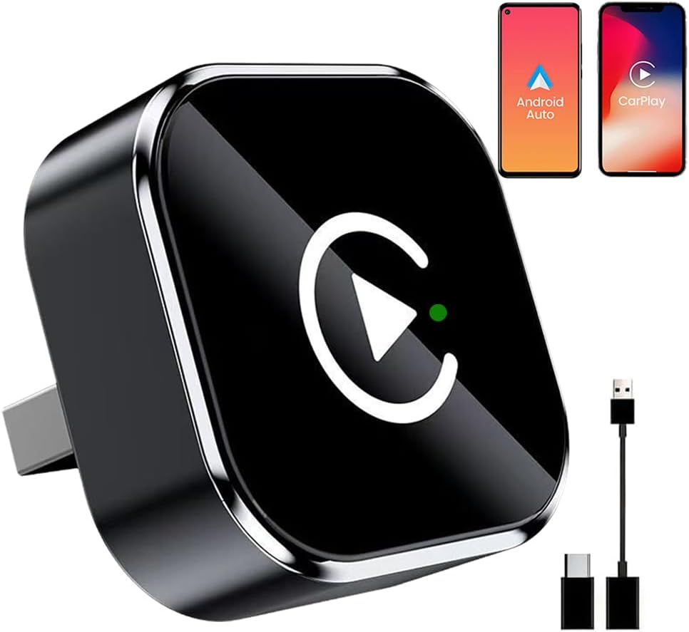 2 en 1 Adaptador CarPlay Inalámbrico, CarPlay Cableado a Inalámbrico, para Coches con CarPlay/Android Auto, para iPhone iOS 10+ & Android 11+, Compacto y Estable Bluetooth Car Play Wireless Adapter