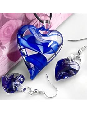 Skyllc® Glasperlen Halskette Anhänger Ohrring Herz Blau TREND