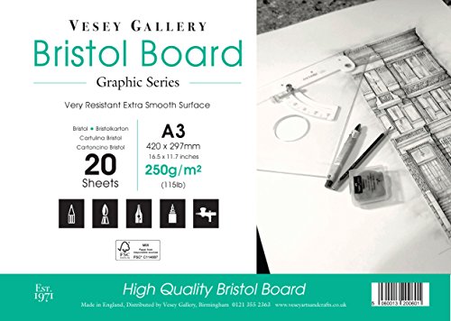 A3 Bristol Board Pad. 20 Blatt von glatten weiß 250 gsm Board von Vesey Galerie