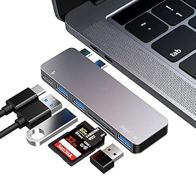 FLYLAND Hub C USB, Adaptateur de concentrateur de Type C, 3 Ports USB 3.0, Lecteur de Carte TF/SD, Alimentation USB-C, Adaptateur Aluminium 6 en 1 pour MacBook Pro 13 ″ et 15 ″ 2016/2017/2018 (Gris)