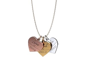 Generisch Personalised Necklace with Engraving, Hearts with Children's Name and Birth Dates, Gift Mum, Gold, Silver, Rose Gold, Stainless Steel, Waterproof, Made in Germany
