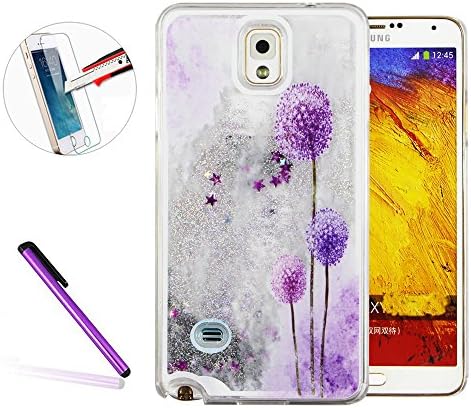 Note 4 Case,Galaxy Note 4 Case Cover,Hard Case for Galaxy Galaxy Note 4,NEWSTARS [Creative Design] [Flowing Liquid] Glitter Flowing Liquid Floating Moving Clear Hard Protective Case Cover for Samsung Galaxy Note 4 [+ 1Pcs Stylus Touch Pen+ 1Pcs Screen Protector].Silver Liquid-Purple Dandelion
