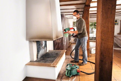 Bosch DIY Farbsprühsystem PFS 5000 E, 2 x Farbbehälter 1000 ml, Düse für Wandfarbe (weiß)/ Lasuren (grau)/ Lacke (schwarz), Farbfilter, Reinigungsbürste, Karton (1200 W, 500 ml/min, 3 m²/min) - 6