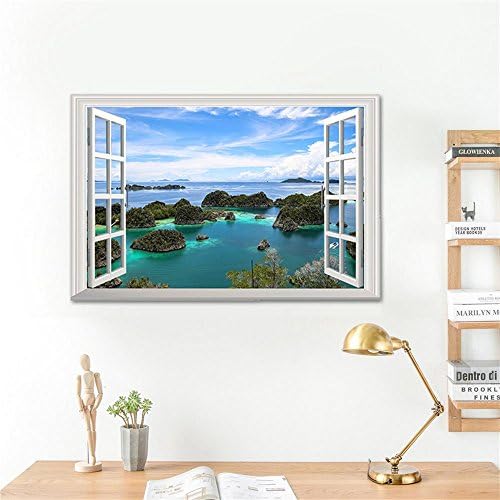 Y&amp;M 2PCS 3D stereo stickers, island landscape fake window stickers, living room 3D decorative stickers 48.5CM * 72CM