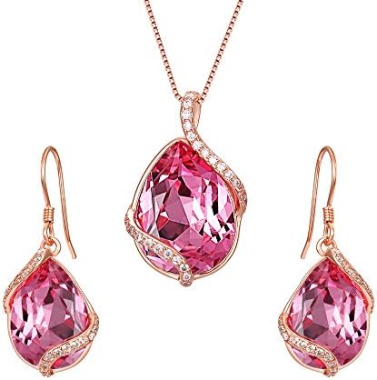 TENYE Women's 925 Sterling Silver CZ Luxury Teardrop Pendant Necklace Earrings Set Made with Pink Swarovski® Crystals