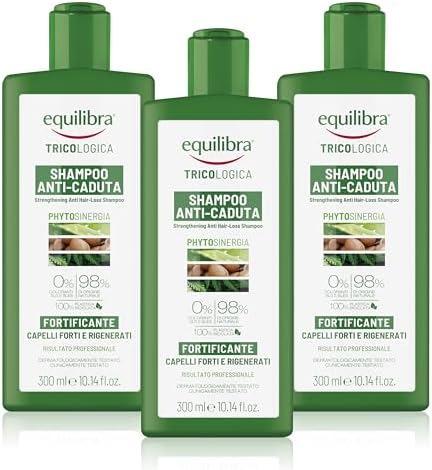 equilibra Capelli, Shampoo Anti-Caduta Fortificante, Deterge Delicatamente i Capelli Fragili, Evita Che Cadano o Si Spezzino, a Base di Aloe Vera, Olio di Argan, Cheratina Vegetale, 3 Pezzi da 300 ml